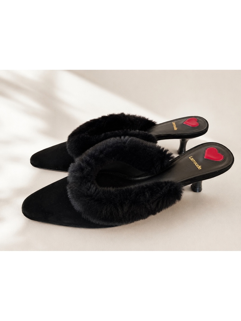 Larroudé Black Fur Trim Heeled Mules Sandals Size 8.5 Made in Brazil